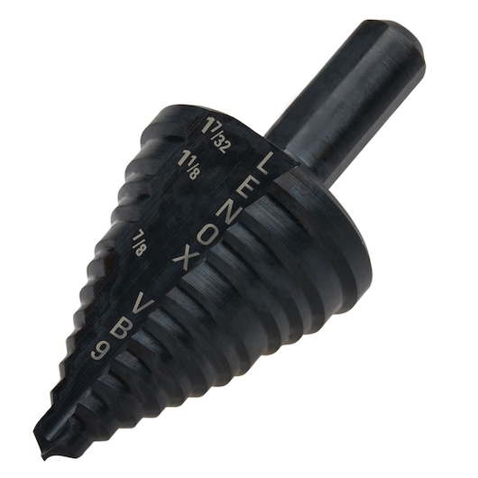 LENOX step drill bit, black metal, engraved size markings, product photography, SKU 30909VB9, angled view