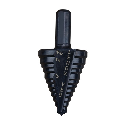 Photo of LENOX 30909VB9 step drill bit, black metal, front angle on white background.