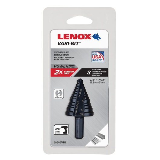 LENOX step drill bit, VARI-BIT, SKU 30909VB9, black metal, in retail packaging with product details, front view.