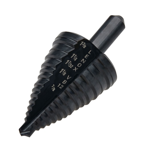 LENOX step drill bit black with engraved size markings, SKU 30912VB12, product photo, angled on white background.