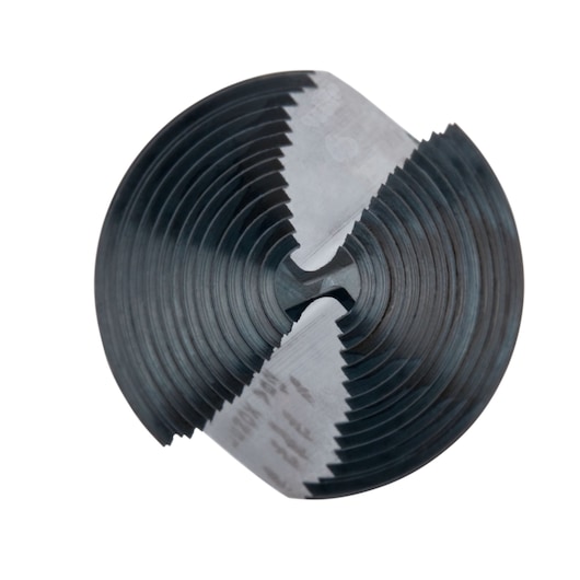 LENOX 30912VB12 round black and silver metal step drill bit, top view, photography on white background.