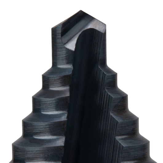 LENOX step drill bit SKU 30912VB12, black metal, close-up, showing stepped cutting edges, white background