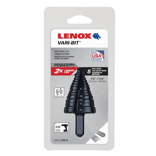 LENOX step drill bit VARI-BIT 30912VB12 in retail packaging, black dual flute, 3/8 inch shank, five hole sizes.