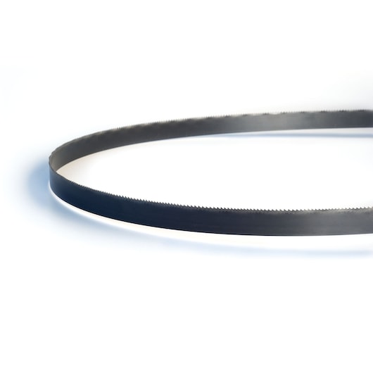 LENOX 3842738PW1418 bandsaw blade with fine teeth, black, shown in a loop on white background, side angle.
