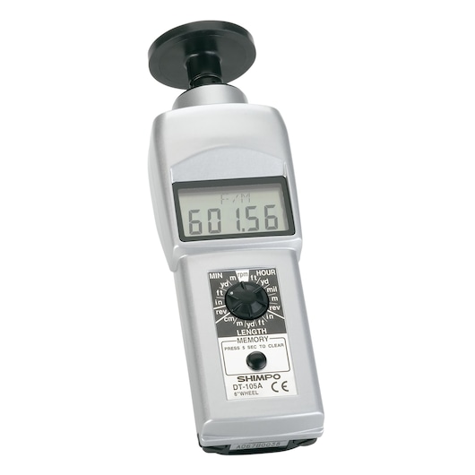 LENOX 62139 handheld digital tachometer with LCD display, black dial, and silver body, angled on white background.
