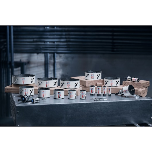 Family Group Shot of LENOX® SPEED SLOT® Bi-Metal Hole Saws, Step Pilot Bits and SNAP-BACK™ Arbors
