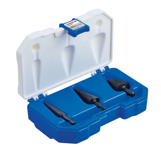 LENOX LXA30930 step drill bit set in blue and white case, three black step drill bits inside, front angle.
