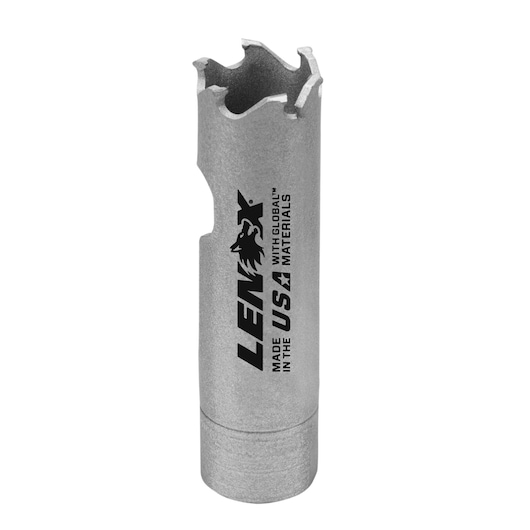Photo of LENOX LXAH31116 hole saw with jagged edge, silver finish, upright on white background.