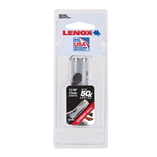 LENOX 11/16 inch 17mm carbide hole saw in retail packaging, front angle, LXAH31116.