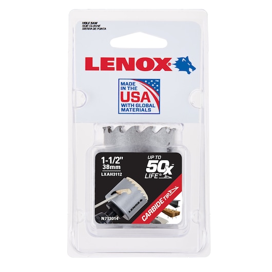 LENOX LXAH3112 1-1/2 inch carbide tip hole saw in retail packaging, front angle on white background.