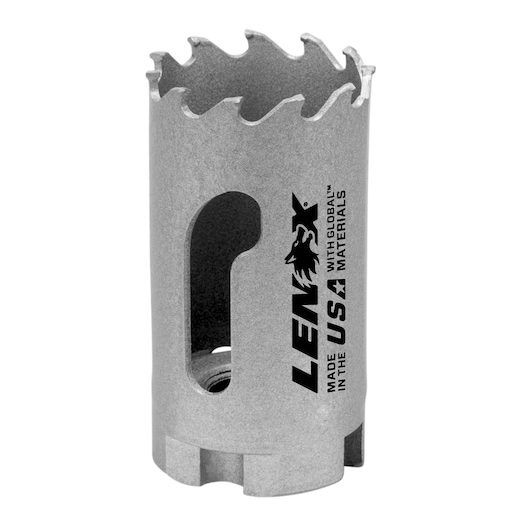 LENOX LXAH3114 hole saw with carbide teeth, silver color, upright angle on white background.