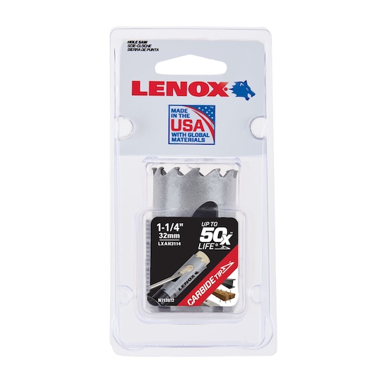 LENOX hole saw 1-1/4 inch 32mm LXAH3114 in clear packaging, carbide tip, made in USA label, front angle.