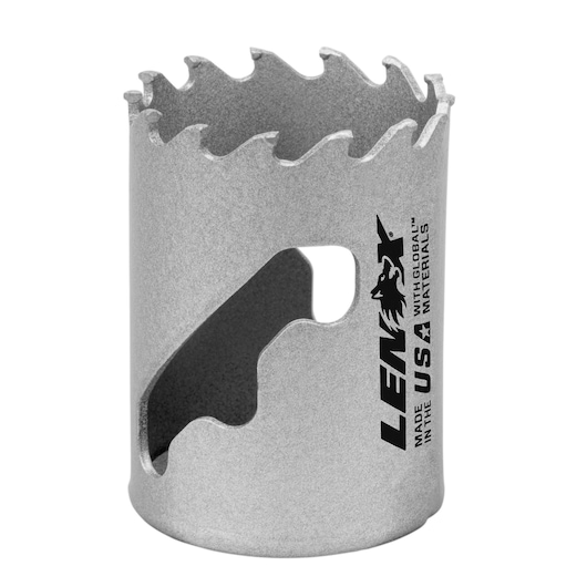 LENOX hole saw LXAH3134, silver metal, front angle on white background, sharp teeth edge.