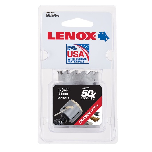 LENOX carbide tip hole saw 1-3/4 inch 44mm in retail packaging, front angle, LXAH3134.