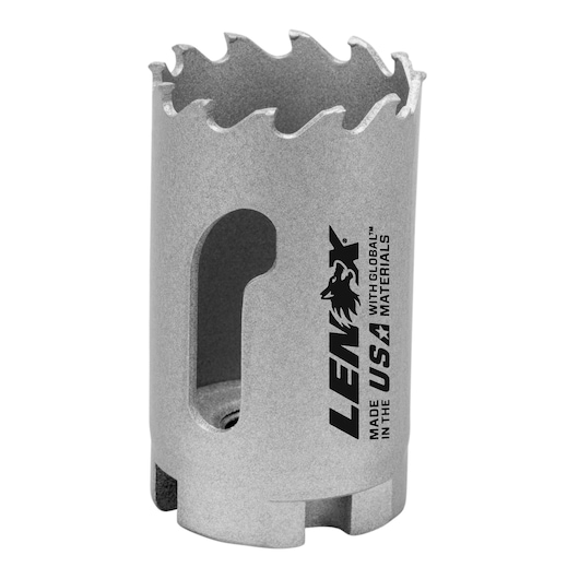 LENOX hole saw LXAH3138, silver cylindrical tool with jagged blade, front angle on white background