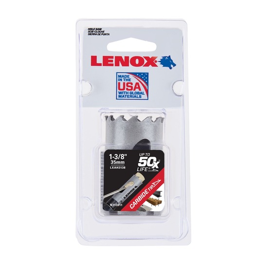 Photo of LENOX hole saw 1-3/8 inch, 35mm, carbide tip, packaging front view, SKU LXAH3138.