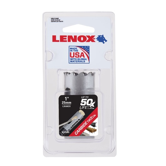 LENOX hole saw LXAH31 in retail packaging, silver color, carbide tip, 1 inch 25mm size, front view on white background.