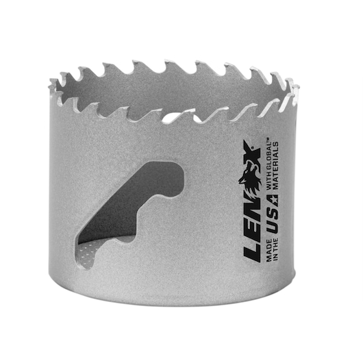 Photo of LENOX hole saw LXAH321116, silver metal tool, front angle, sharp teeth, product branding visible.
