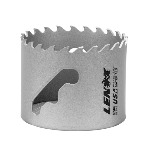 LENOX hole saw LXAH3212, silver with sharp teeth, front angle, photography on white background.