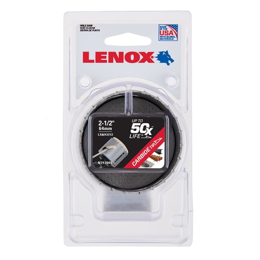 Photo of LENOX hole saw 2-1/2 inch 64mm carbide tip, packaged, SKU LXAH3212, front angle on white background.