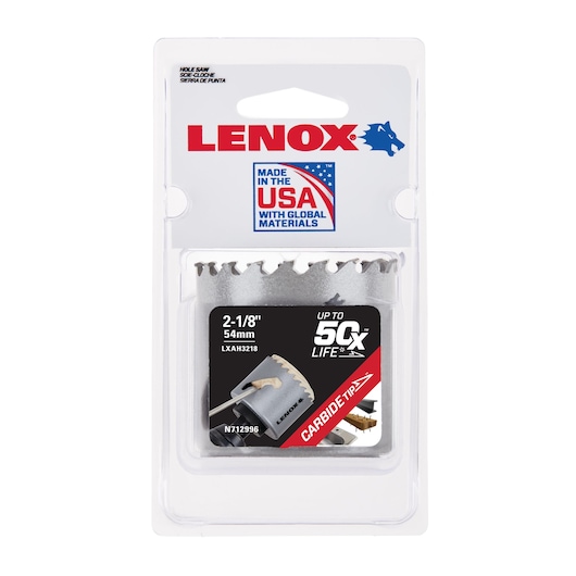 LENOX carbide tip hole saw, 2-1/8 inch, SKU LXAH3218, packaged, front angle, photography on white background.