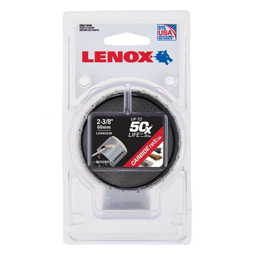 LENOX carbide tipped hole saw 2-3/8 inch 60mm in plastic packaging, front angle, LXAH3238.