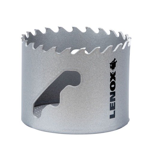 Photo of LENOX hole saw LXAH32916, silver metal, side angle with sharp teeth and LENOX logo.