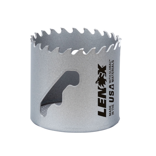 Photo of LENOX LXAH32 hole saw with sharp teeth and side slot, silver, brand logo visible, front angle, white background.