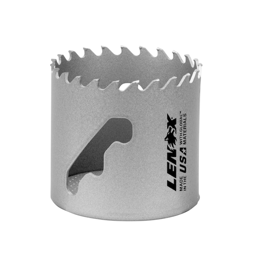 Photo of LENOX hole saw LXAH32, silver color, with sharp saw teeth and side cutout, front angle on white background.