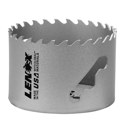 Photo of LENOX hole saw LXAH3314, silver metal, side angle on white background, sharp saw teeth and logo visible.