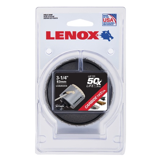 Photo of LENOX 3-1/4 inch 83mm carbide tip hole saw in retail packaging, SKU LXAH3314, front view.