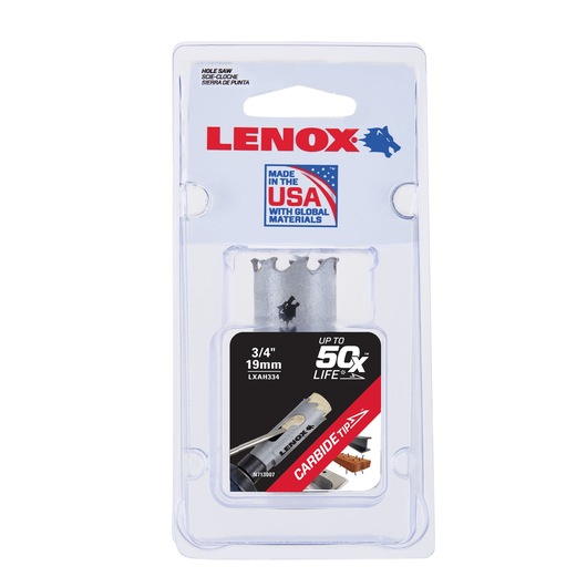 Photo of LENOX hole saw LXAH334, 3/4 inch, carbide tip, silver blade in retail packaging, front view.