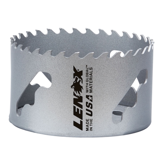 LENOX LXAH3358 silver bi-metal hole saw, side angle on white background, sharp saw teeth visible.