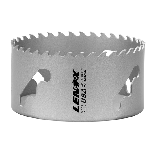 LENOX hole saw LXAH3412 silver color, side angle on white background, sharp teeth, brand logo visible.