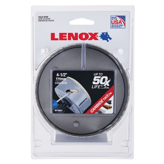 LENOX hole saw with carbide tip, 4-1/2 inch size, SKU LXAH3412, front packaging view.