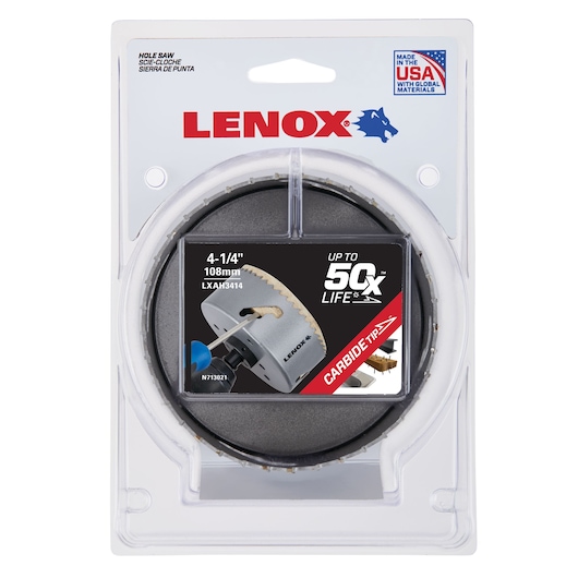 LENOX carbide tipped hole saw, 4-1/4 inch diameter, in retail packaging, SKU LXAH3414, front angle on white background.