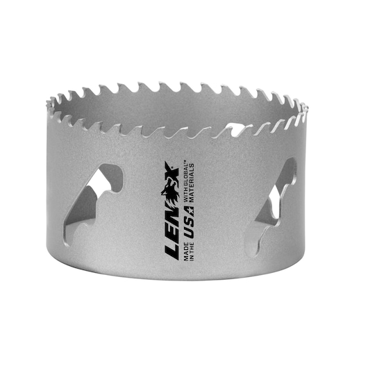 LENOX hole saw LXAH34, silver, side angle photography showing sharp teeth and brand logo on white background.