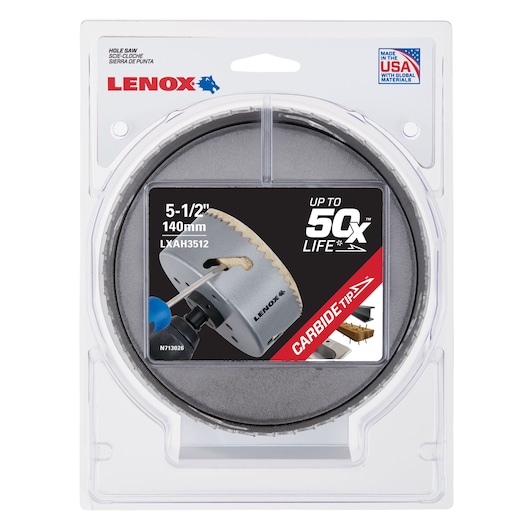 LENOX LXAH3512 hole saw in clear plastic packaging, 5-1/2 inch carbide tip, black and silver design, front angle.