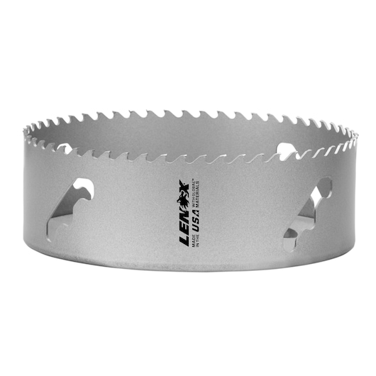 LENOX LXAH36 hole saw, silver color, sharp teeth, side view on white background.