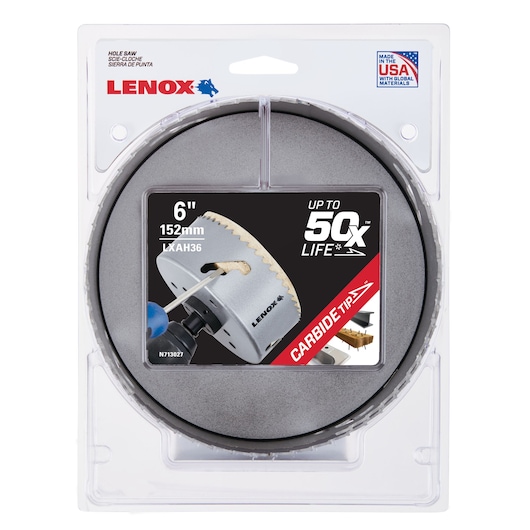 LENOX 6-inch carbide-tipped hole saw in retail packaging, SKU LXAH36, front view.