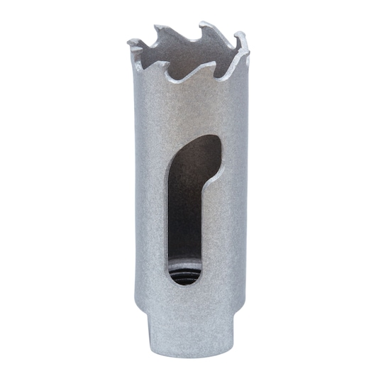 LENOX hole saw LXAH378, silver metal, front angle photo, cylindrical with jagged cutting edge.