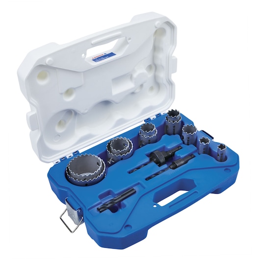 LENOX hole saw set LXAH3GSET11 in blue and white carrying case, top-down angle.