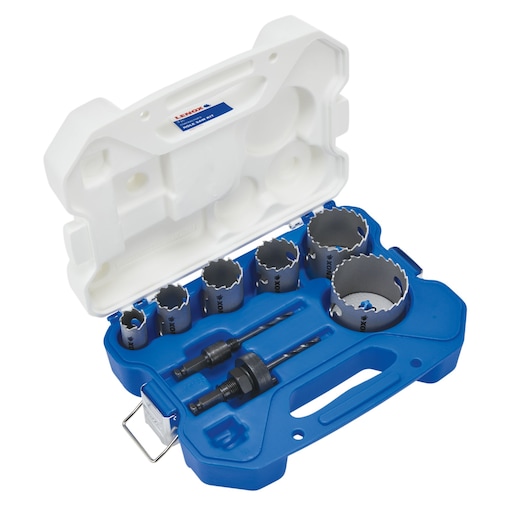 LENOX hole saw set LXAH3LSET6 with blue and white case, six hole saws and two arbors, angled view.