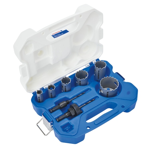 LENOX hole saw kit LXAH3PSET6 in blue and white hard case, set includes six hole saws and two arbors.