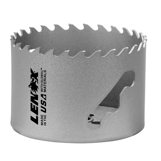 LENOX LXAH3 silver hole saw with sharp teeth, side view on white background, photography product.