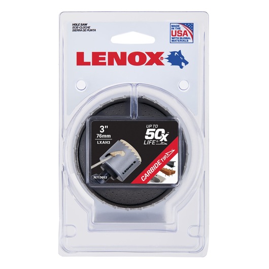 Photo of LENOX 3-inch carbide tip hole saw LXAH3 in retail packaging, front angle on white background.
