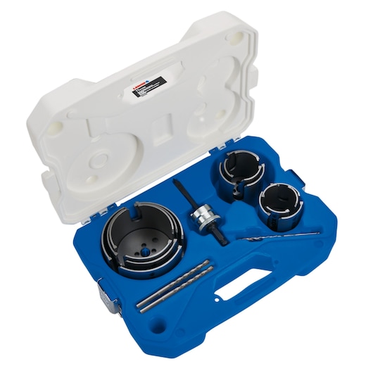 LENOX LXAH411SET hole saw kit with metal saws and drill bits in blue hard case, top view, white background.