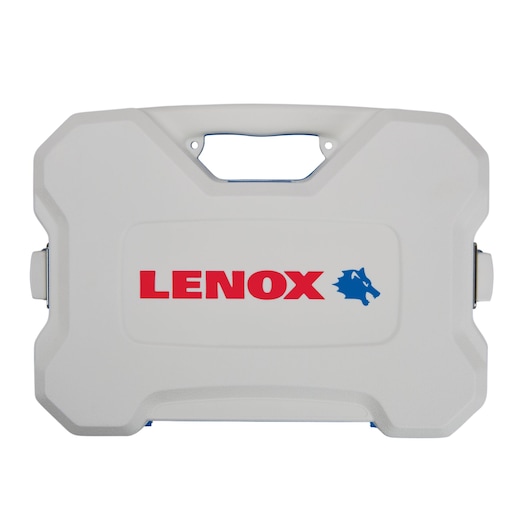 Photo of LENOX LXAH411SET tool case, white hard plastic with red LENOX logo and blue wolf icon, front view on white background.