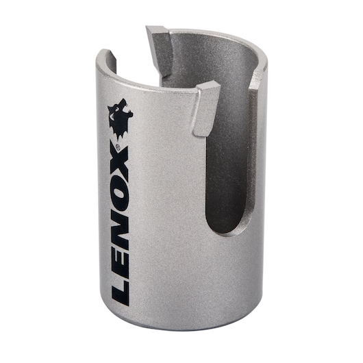 Photo of LENOX LXAH4134 silver hole saw with vertical logo, angled on white background.