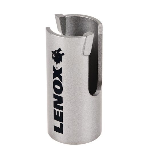 Photo of LENOX LXAH4138 silver metal hole saw accessory with vertical slots, side angle on white background.